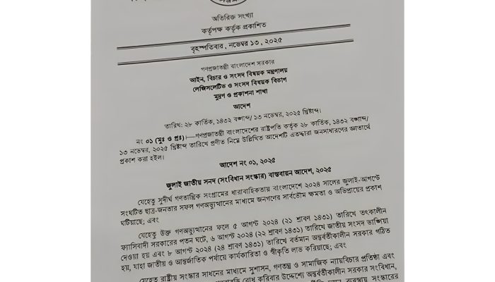 জুলাই জাতীয় সনদ বাস্তবায়ন আদেশ জারি করলেন রাষ্ট্রপতি